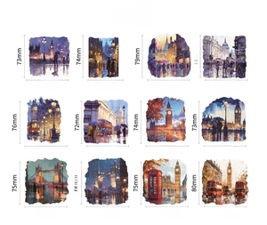 Dettaglio delle dimensioni per 12 adesivi artistici ad acquerello a tema Rainy London