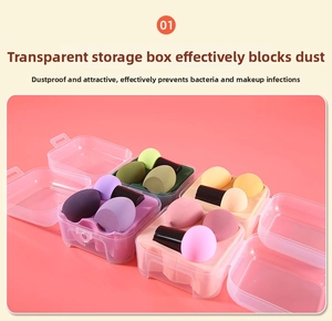 Macro shot of colorful makeup sponges in transparent dustproof storage cases with pink background