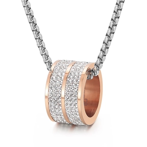 Hip hop style rose gold ring pendant necklace with crystals on silver box chain
