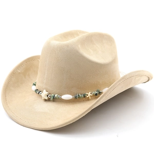 Detail of suede cowboy hat featuring turquoise beads and starfish charms on the band