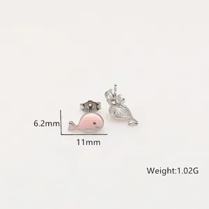 Pink enamel whale stud earrings in S925 sterling silver measuring 6.2mm by 11mm