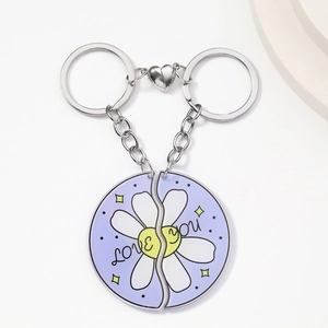 Magnetic daisy love you couple keychains in purple enamel finish on white background