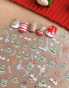 Detailed view of Christmas nail art stickers with 3D embossed trees and snowflakes
