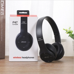 Macro shot of black P47 wireless Bluetooth 5.0 headphones with retail packaging box