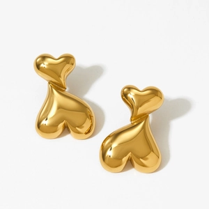 Elegant gold double heart stud earrings with a polished mirror finish for women