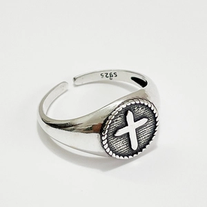 Adjustable S925 sterling silver ring with cross shield design and textured finish