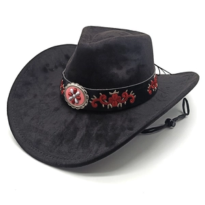 Black western cowboy hat with embroidered hatband and silver bull buckle on white background