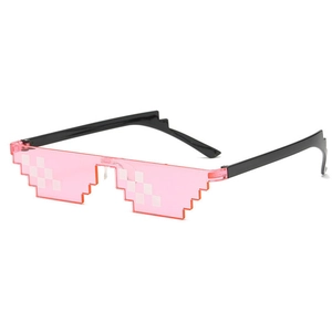 Detail view of pink pixelated Thug Life sunglasses with black temples and mosaic lenses