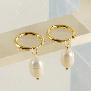 Orecchini A Cerchio Con Künstliche Perle Barocche Acciaio Inossidabile Placcato Oro 18K Moda Gioielli Donna