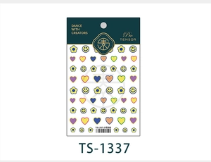 Detail of TS-1337 3D nail stickers featuring yellow smiley faces, colorful hearts and flowers