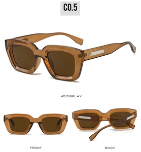 Detailed multi-angle views of trendy brown square frame sunglasses with metal accents