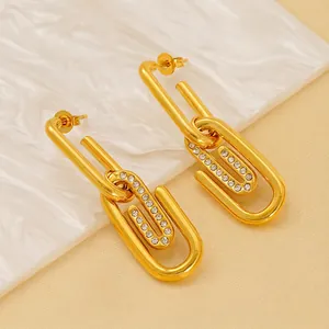 Boucles D'oreilles Trombone Acier Inoxydable Plaqué Or 18K Strass Géométrique Mode Moderne Pour Femmes