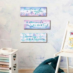 Three-piece mermaid themed wooden wall art set with watercolor ocean elements and quotes