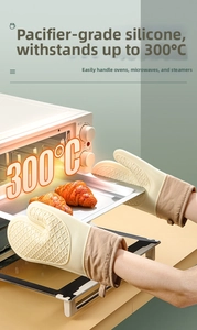 Kitchen scene showing heat-resistant silicone glove taking out tray from 300°C oven