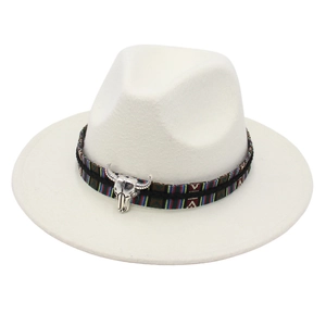 Wide Brim Fedora Hat With Metal Bull Skull Ethnic Woven Band Western Cowboy Style Retro Outfits For Men Women