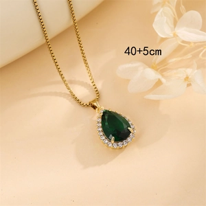Elegant gold titanium steel necklace with pear-shaped green zircon pendant, 40+5cm length