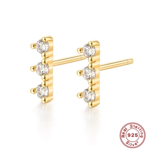 Minimalist S925 sterling silver gold earrings with three cubic zirconia stones