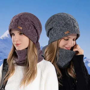 Women Winter Knit Beanie Hat And Neck Warmer Thermal Fleece Lined Cable Pattern Windproof Outdoor Skiing