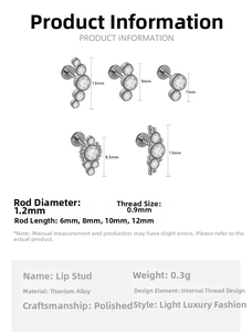 Detailed size chart for G23 titanium labret studs with five zircon stones and dimensions