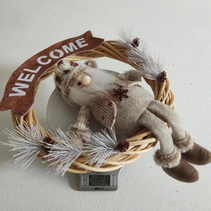 Close-up of Christmas gnome wreath with white pine needles and WELCOME banner on scale