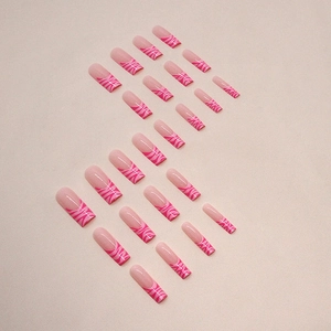 Pink zebra print French style long coffin press-on nails in various sizes