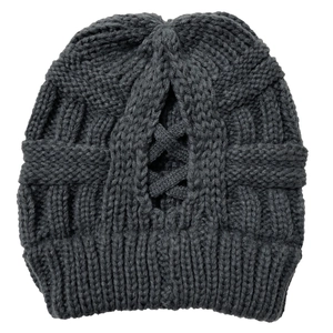 Dark grey knitted beanie for women featuring a unique criss-cross cutout back design