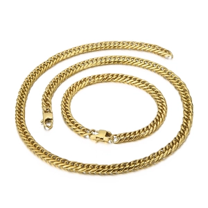 Gold Cuban link chain necklace and bracelet set with durable lobster clasp for men