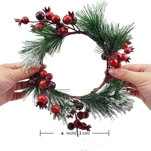 4-inch Christmas candle ring wreath with pine needles and red berries with snow effect