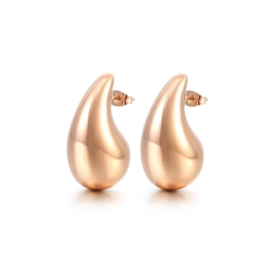 Polished rose gold hollow waterdrop earrings in a minimalist stainless steel jewelry design
