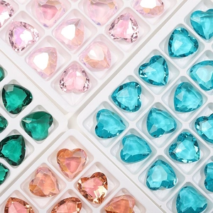 Colorful 12mm heart-shaped crystal glass rhinestones in white display tray