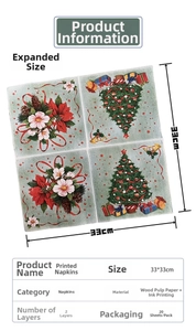 Detail view of 33x33cm Christmas tree print napkins with material specification table