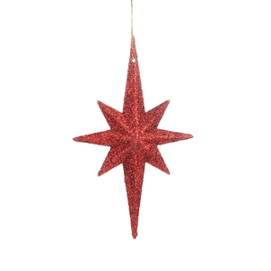 Hanging red glitter star ornament with eight points for Christmas tree holiday decoration