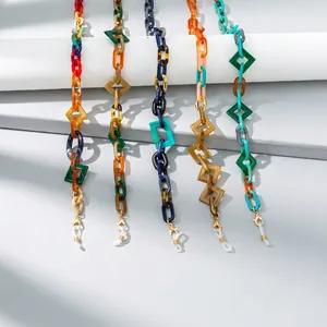 Colorful acrylic geometric link eyeglass chain with gold clasps and silicone loops