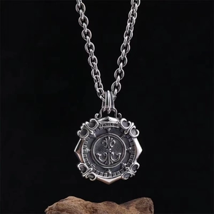 Vintage silver nautical compass pendant necklace with engraved hexagonal medallion for men