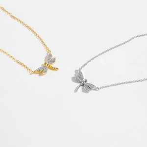 S925 silver dragonfly pendant necklace with full cubic zirconia crystals in gold and silver