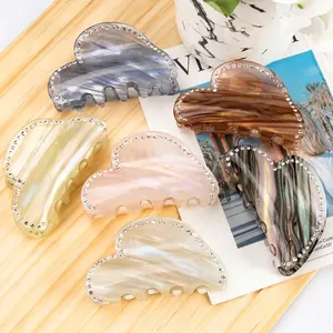 Elegant 8cm marble-pattern acetate hair claws with rhinestone trim for women