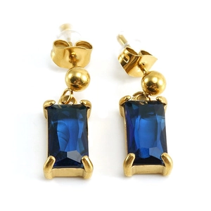18K gold plated stainless steel stud earrings with rectangular blue zircon stones