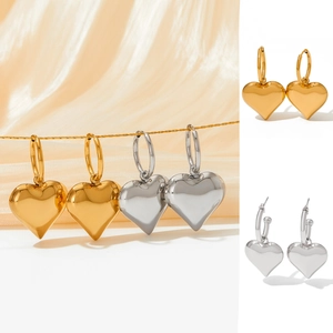 Stainless Steel Heart Hoop Earrings Puffy 3D Love Pendant Drop Mirror Polished Fashion Jewelry For Women