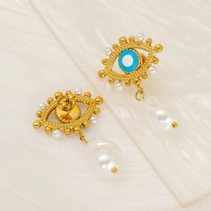 Orecchini a occhio con smalto blu e pendenti in perle barocche in acciaio dorato 18K