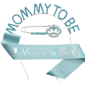 Light blue Mommy To Be party set with rhinestone headband and glitter sash decoration