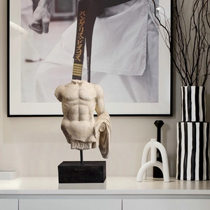 Nordic resin male torso sculpture with antique stone texture on a black square base