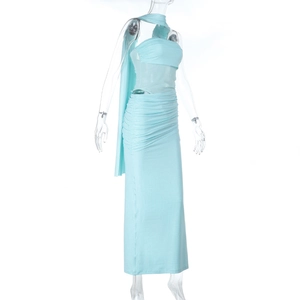 Detail view of light blue sequined two-piece set with tube top and ruched maxi skirt