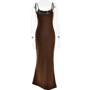 Front view of brown slim-fit backless maxi dress with spaghetti straps on mannequin