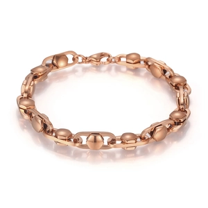 Polished rose gold stainless steel bracelet with geometric links on white background