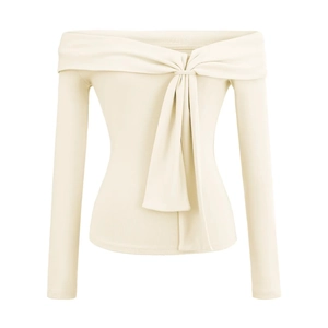 Beige off-shoulder long sleeve ribbed top with an elegant knot detail and slim fit