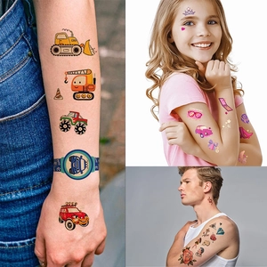 Close-up of waterproof cartoon space and floral temporary tattoos on various skin tones