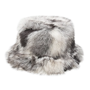 Macro detail of faux fox fur texture and grey gradient pattern on a winter bucket hat