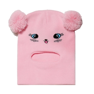 Passamontagna in maglia rosa per bambine con orecchie di gatto, pompon e copriorecchie