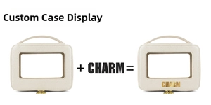 Detailed comparison of beige PVC makeup bag with clear window and custom gold lettering