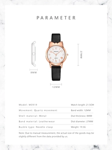 Detailed dimension guide for M0919 quartz watch with black leather strap and metal case